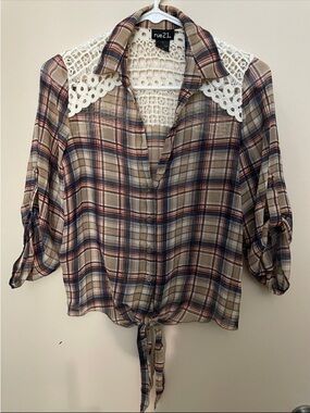 Plaid Button-Front Shirt with Crochet Back